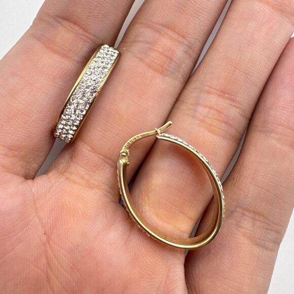 14K & Sterling Silver 925 Cubic Zirconia Elongated Hoop Earrings Size 1" Length - Picture 11 of 13